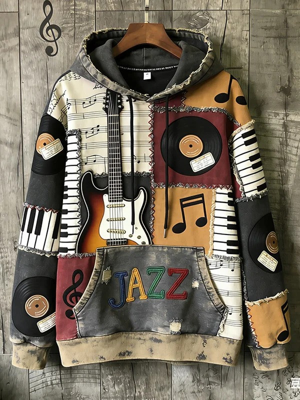 Retro Jazz Music Piano Hoodie Men Vinyl Records Art Graphic Apparel Best Gift For Music Lovers