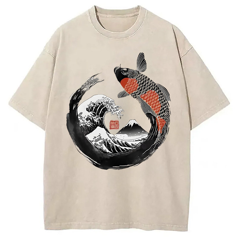 Retro Koi Enso Washed T-Shirt Casual Oversized Outfit Style Gifts For BFF Retro Koi Enso Washed T-Shirt Casual Oversized Outfit Style Gifts For BFF