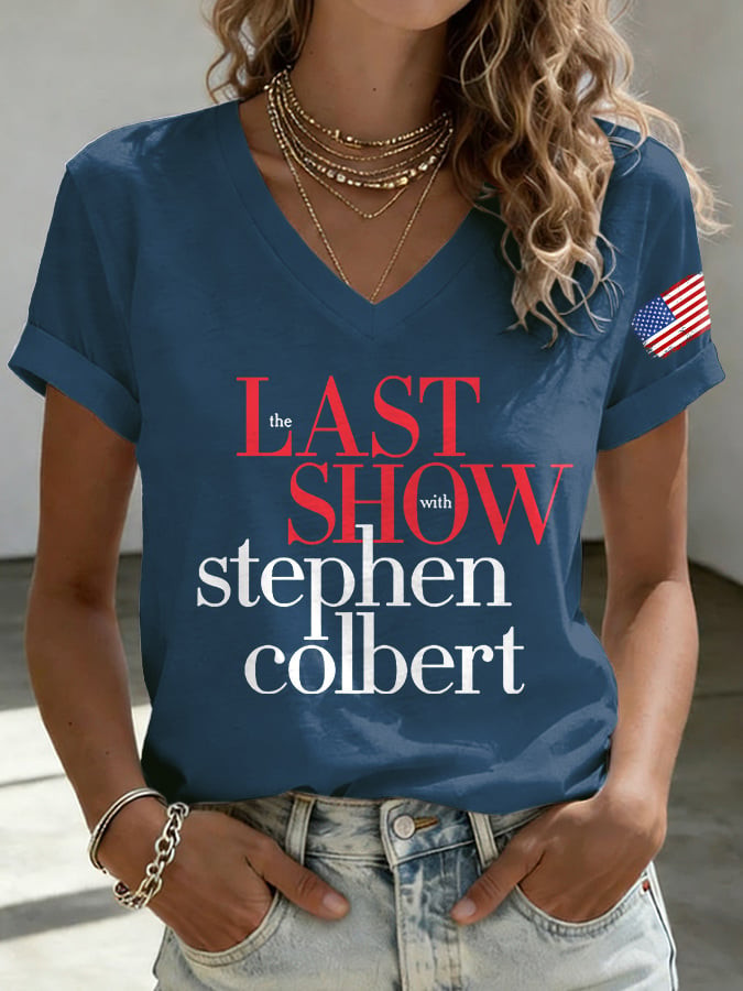 Retro Last Show With Stephen Colbert V-Neck Shirt American Flag Stephen Colbert Final Show Shirt