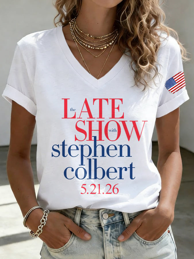 Retro Late Show With Stephen Colbert V-Neck Shirt American Flag Stephen Colbert Final Show Clothing Line
