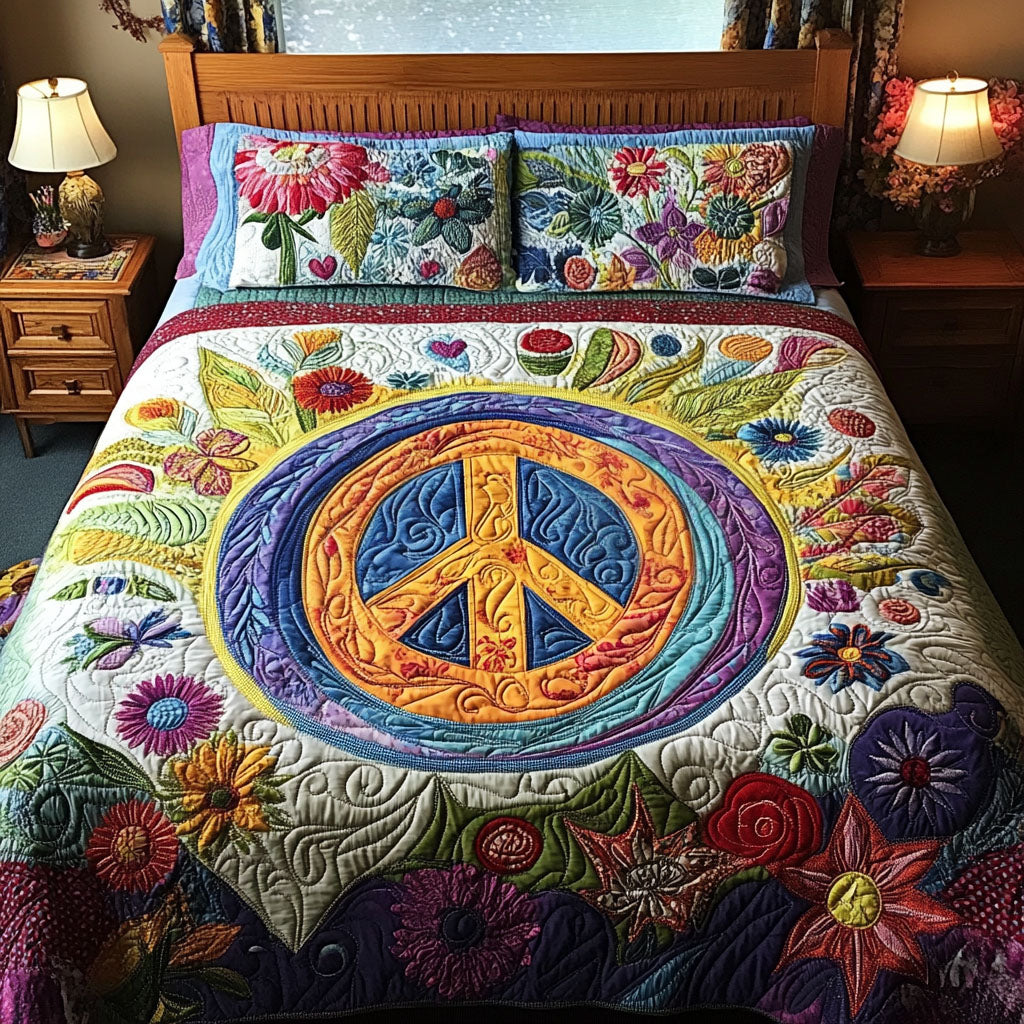 Retro Love Peace Quilted Bedding Set Bed Decor Christmas Ideas For Hippies