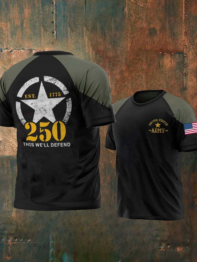 Retro Mans Vintage Independence Day National Flag United States Army 250th Anniversary This Well Defend Print Tshirt