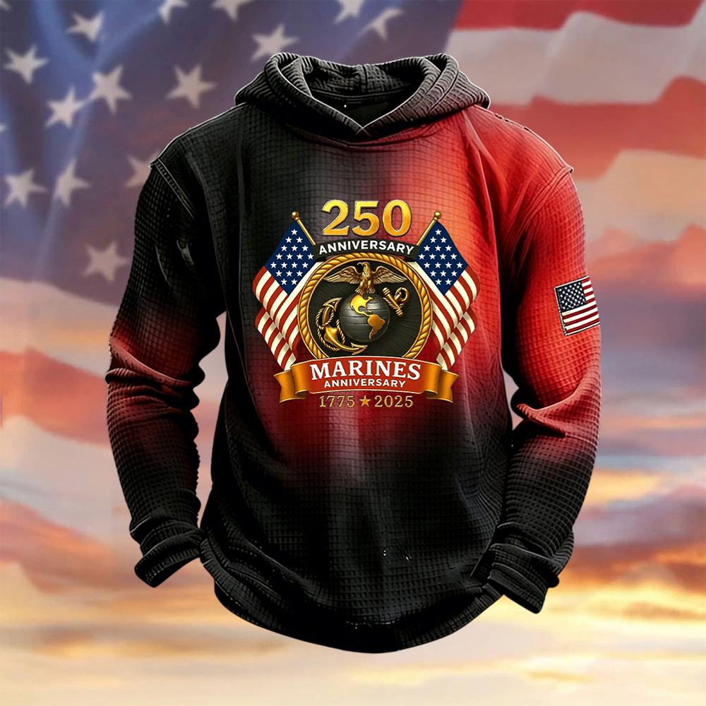 Retro Marine Corps 250th Anniversary Waffle Hoodie USMC Apparel Present For Him