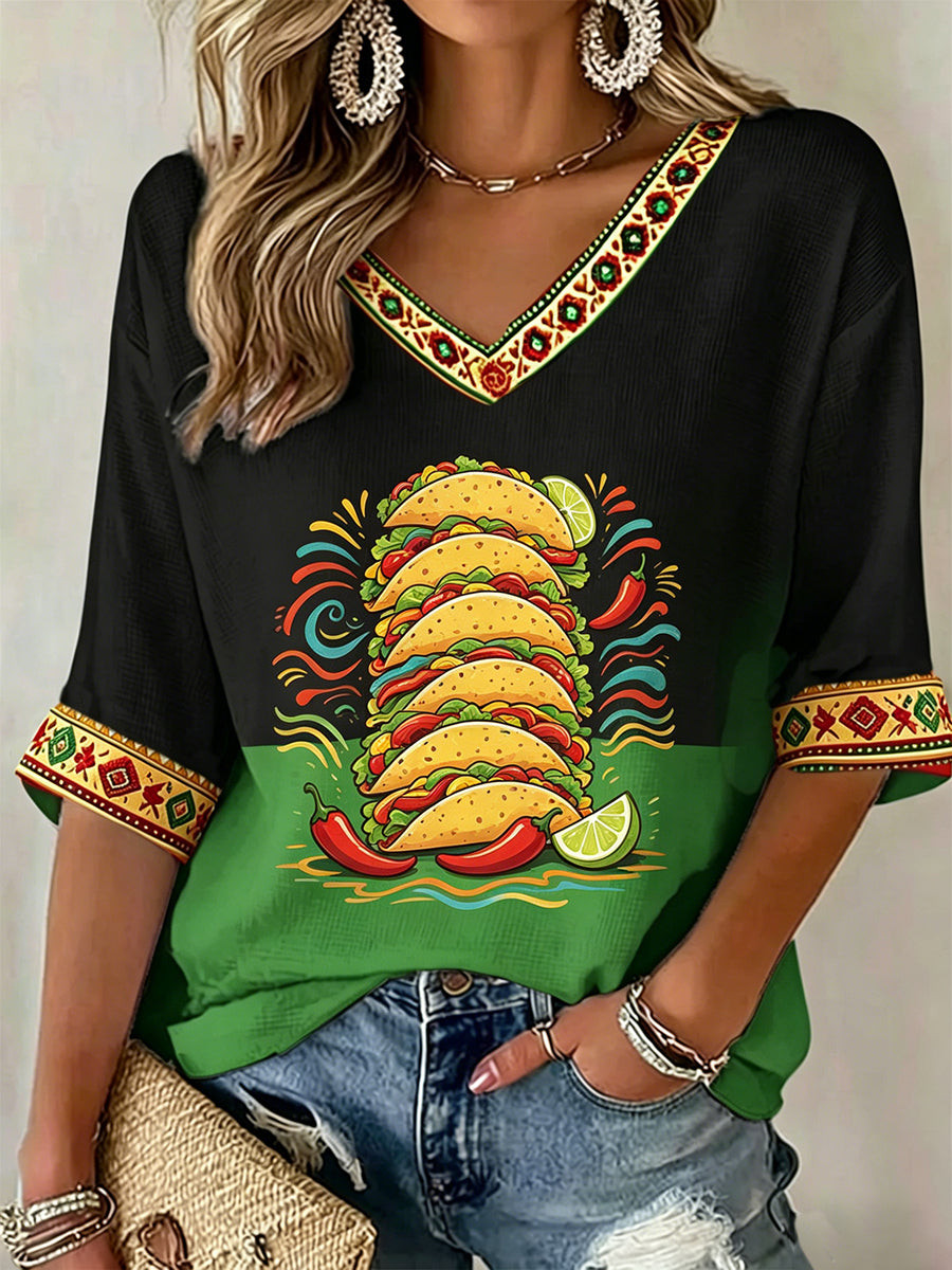 Retro Mexican Cinco De Mayo Art V-Neck Long Sleeve Shirt Mexican American Culture Apparel