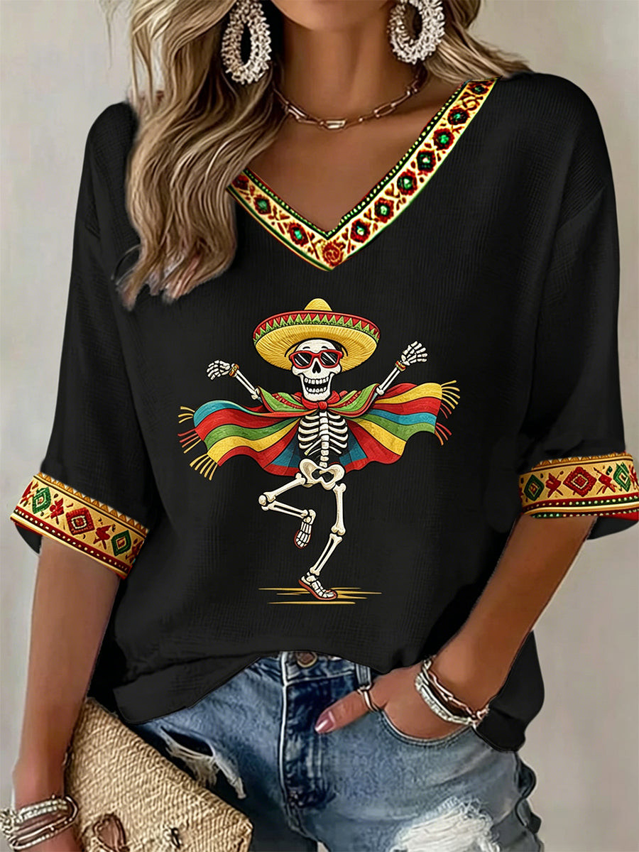 Retro Mexican Cinco De Mayo Art V-Neck Long Sleeve Shirt Mexican American Culture Merch