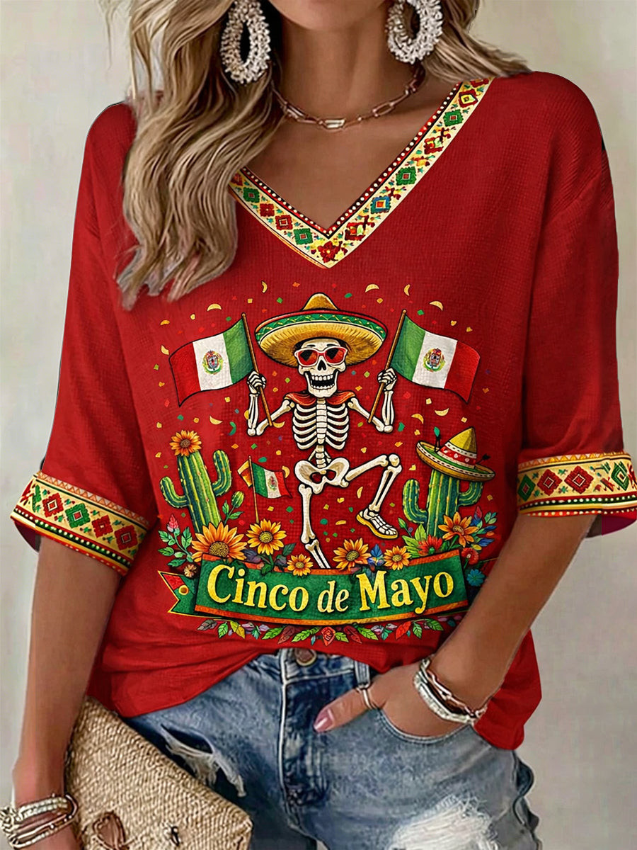 Retro Mexican Cinco De Mayo V-Neck Raglan Shirt Festival Outfits Gifts For Girlfriend