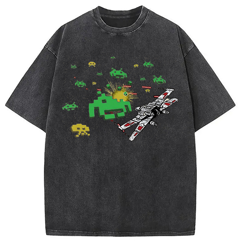 Retro Mosaic Game Battle Starship Vintage Washed T-Shirt Soft Cotton Daily Wear Tee Gifts For Best Friend