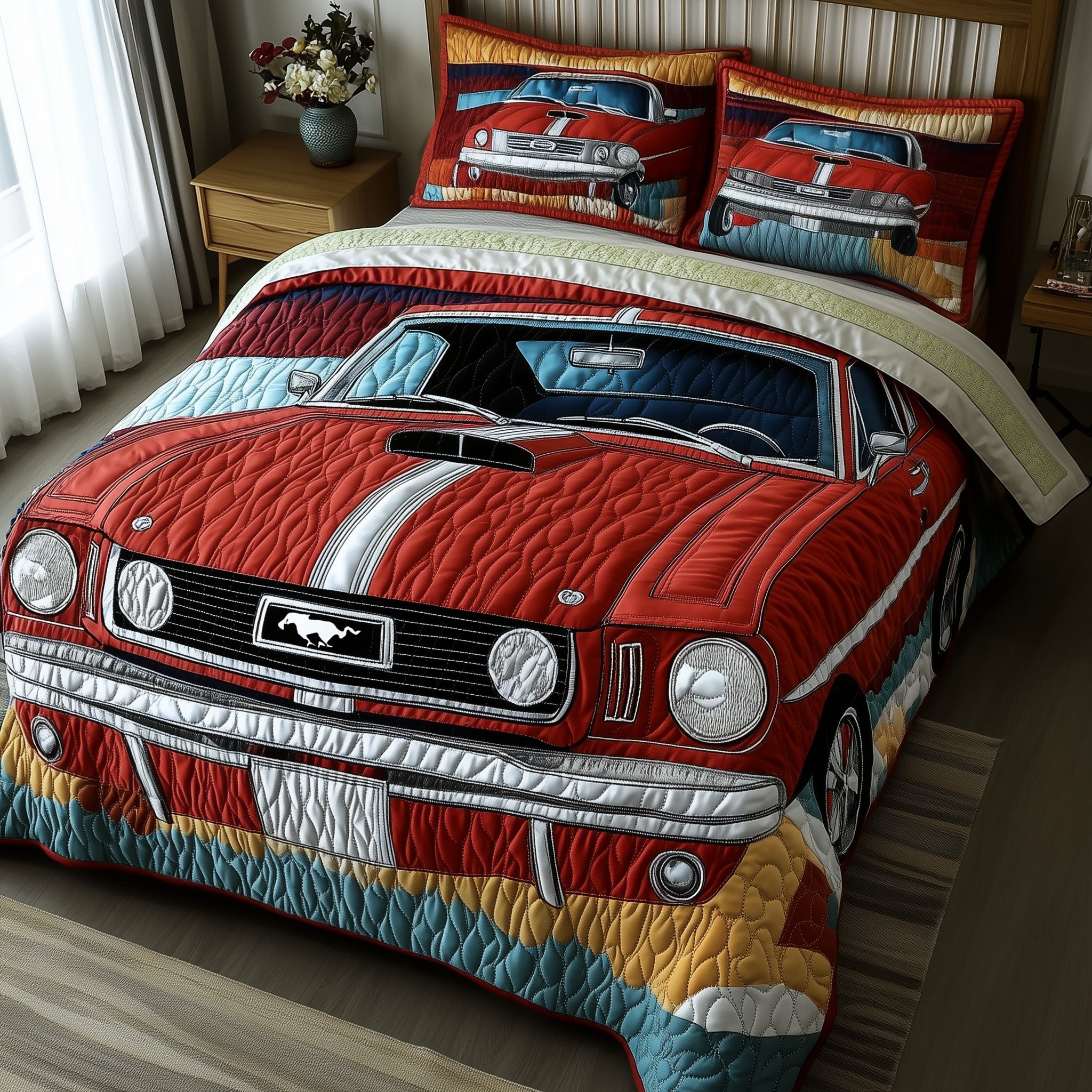 Retro Muscle Ride Quilted Bedding Set Duvet Cover Merchandise Best Gifts For Car Guys