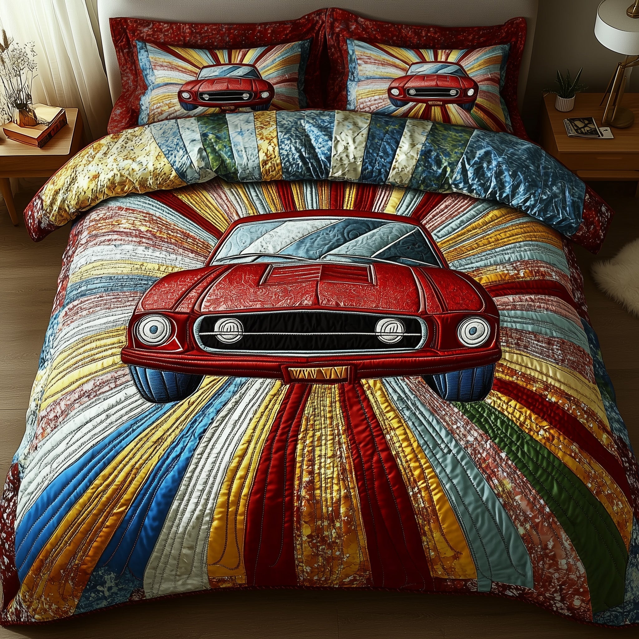 Retro Muscle Ride Quilted Bedding Set Duvet Cover Merchandise Car Gifts For Him
