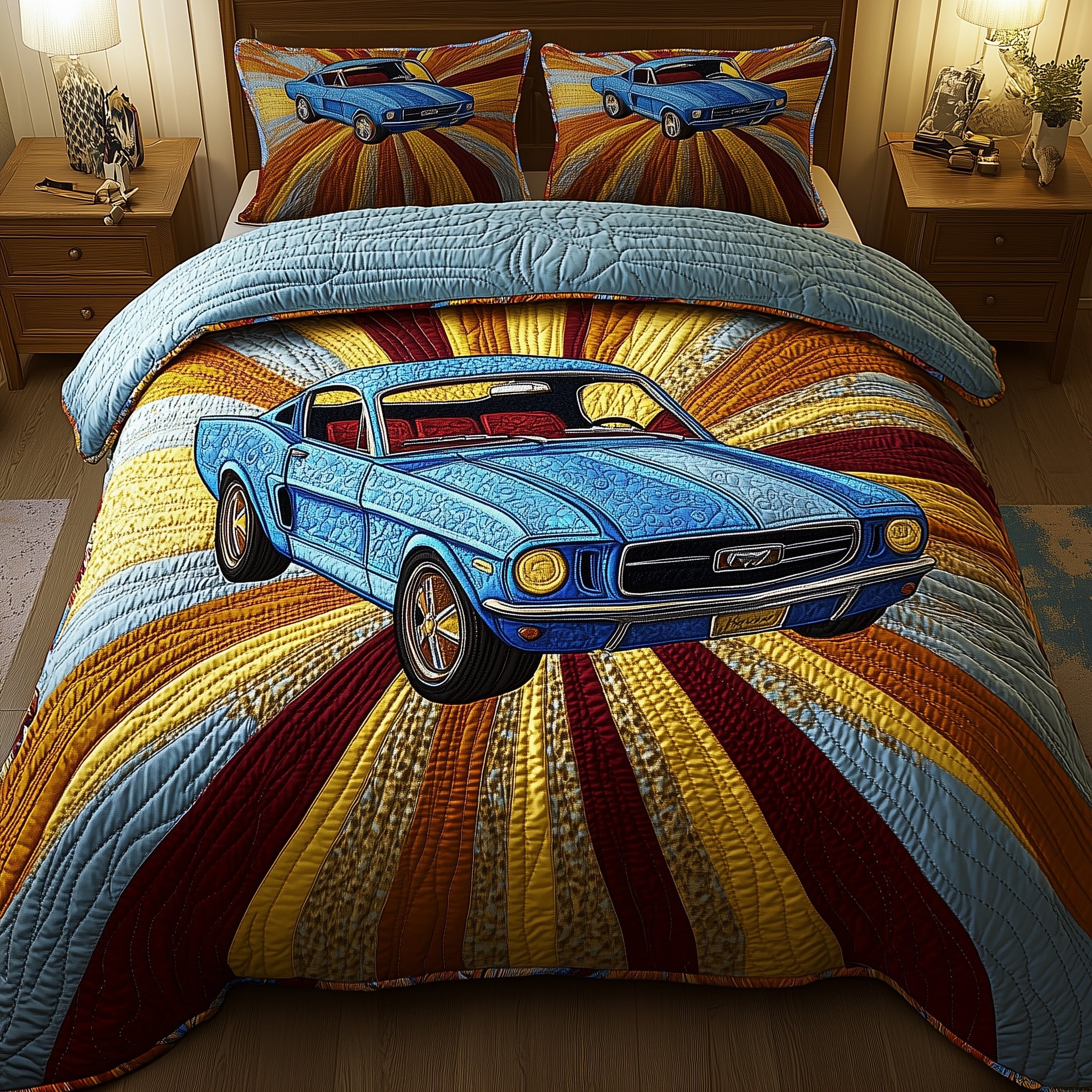 Retro Muscle Ride Quilted Bedding Set Duvet Cover Merchandise Car Themed Gifts