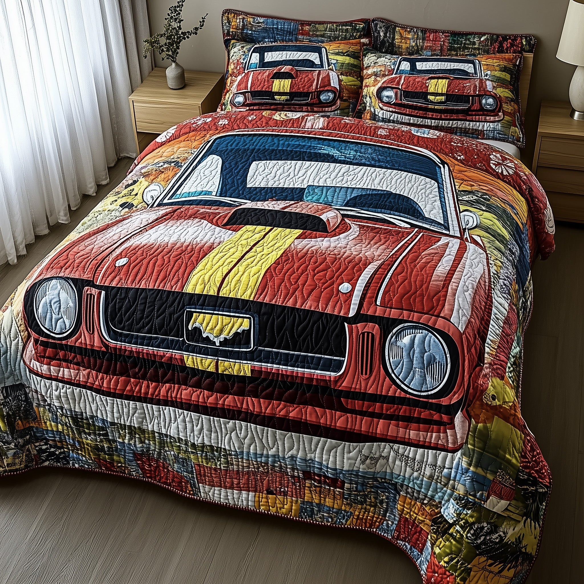 Retro Muscle Ride Quilted Bedding Set Duvet Cover Merchandise Gifts For Car Enthusiasts