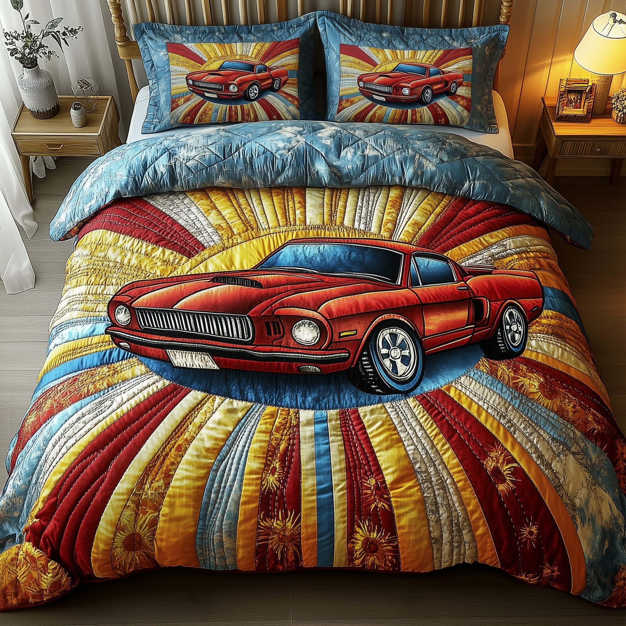 Retro Muscle Ride Quilted Bedding Set Duvet Cover Merchandise Gifts For Car Guys