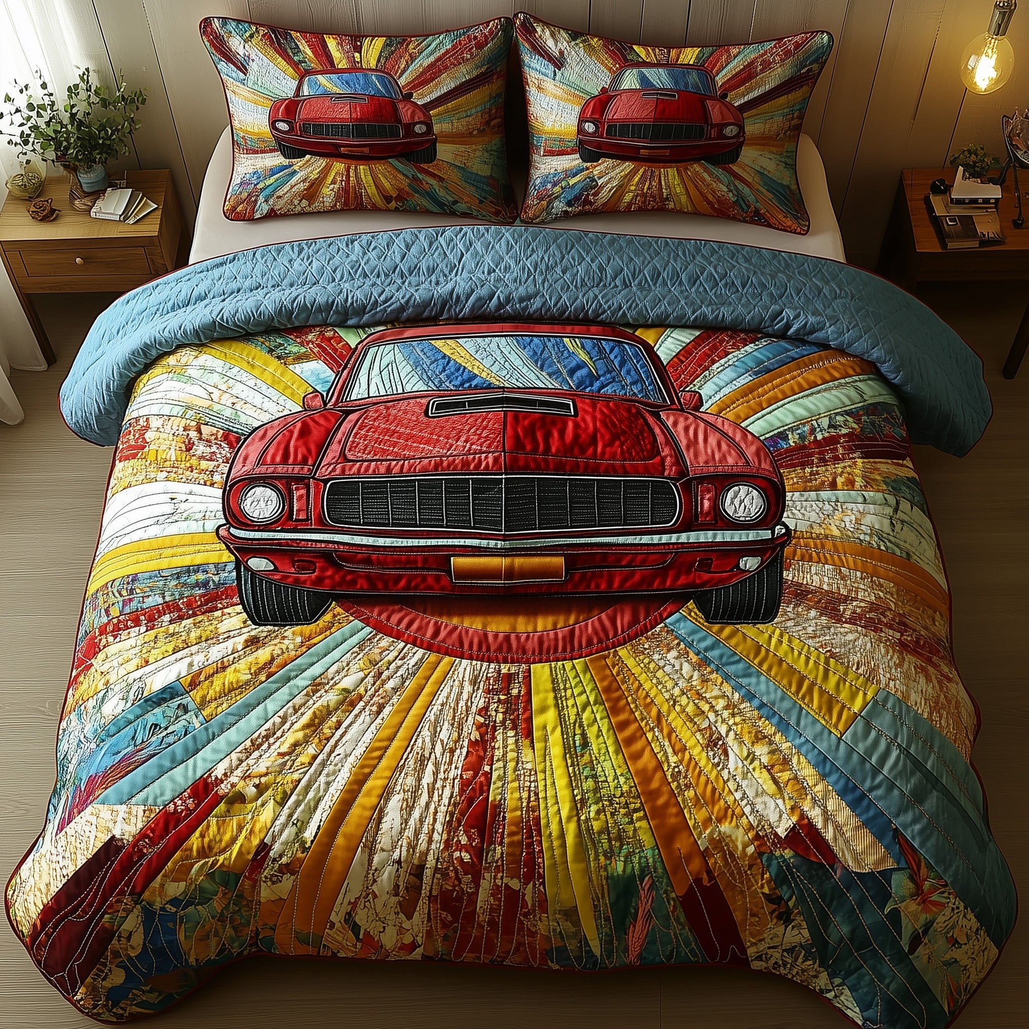 Retro Muscle Ride Quilted Bedding Set Duvet Cover Merchandise Gifts For Car Lovers
