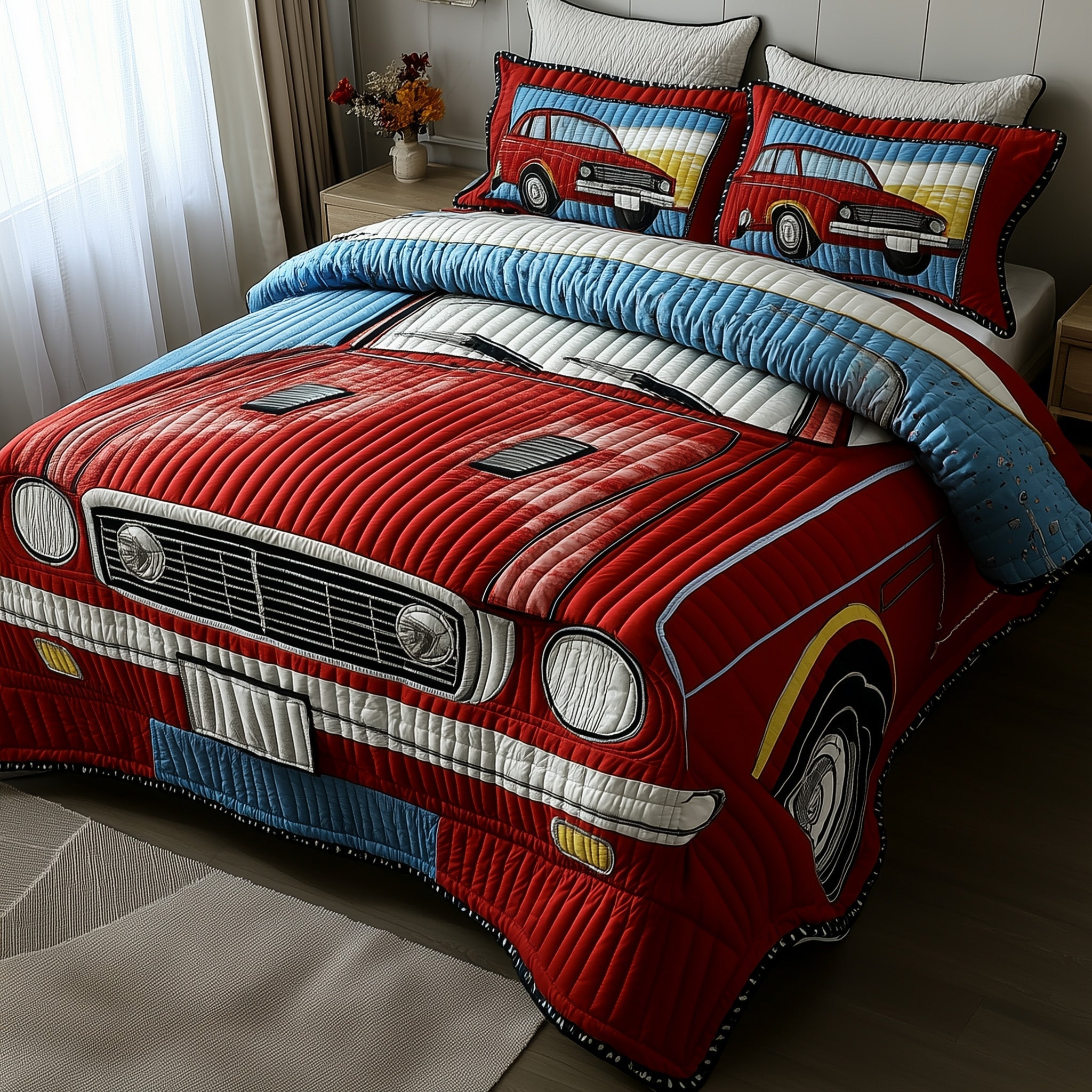 Retro Muscle Ride Quilted Bedding Set Duvet Cover Merchandise Unique Gifts For Car Lovers