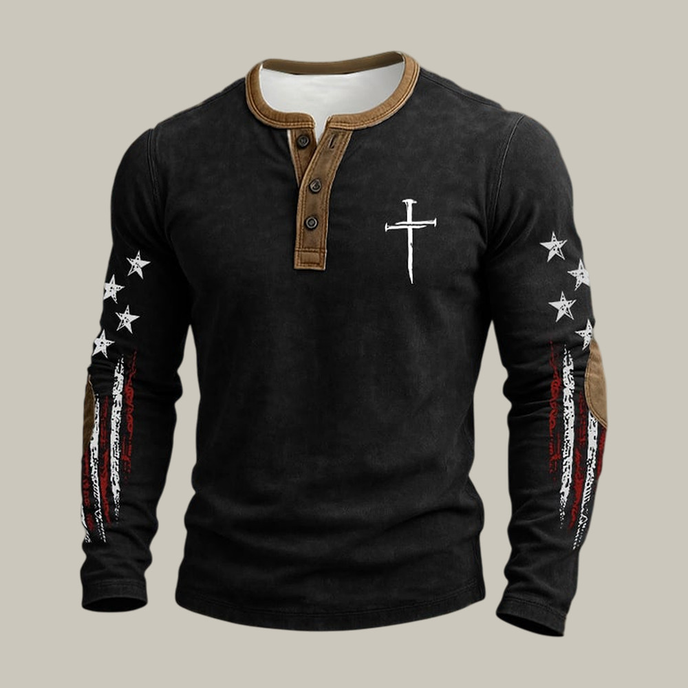 Retro National Flag Cross Button Long Sleeve Shirt Fourth Of July Apparel Independence Day Gift