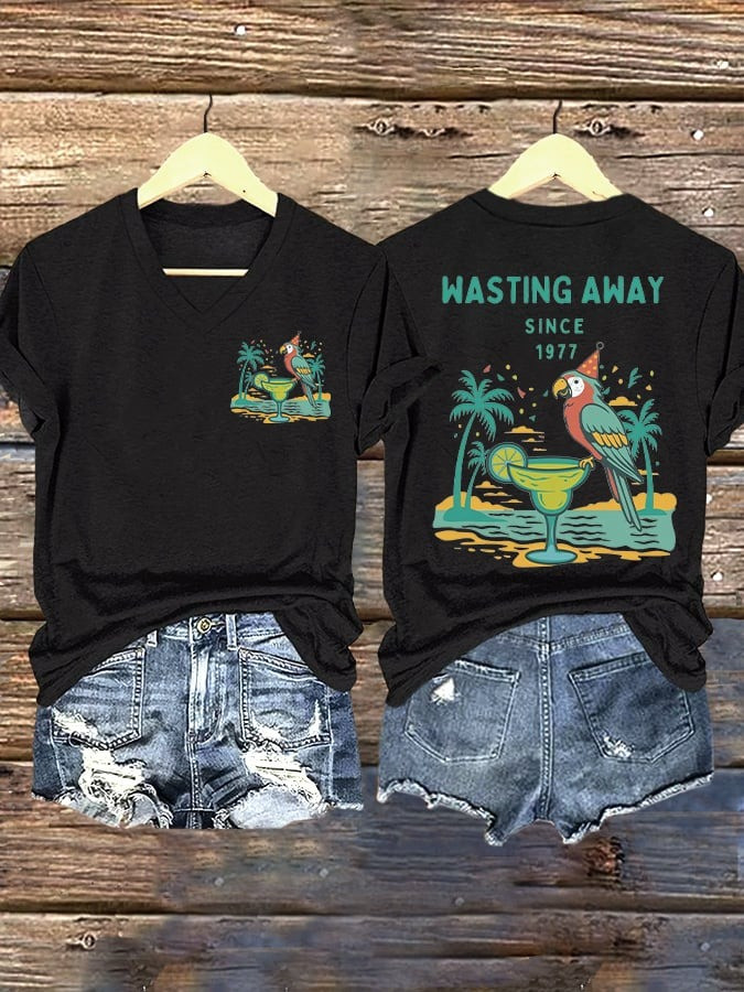 Retro Parrot Margarita Wasting Away Since 1977 Print V-Neck Shirt For Womens Gifts For Wife