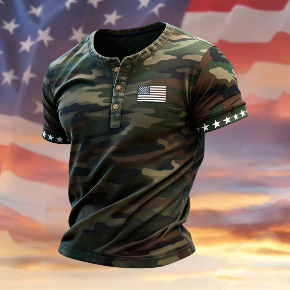 Retro Patriot Camouflage Patchwork Button Shirt Independence Day Clothes Gift For Patriots