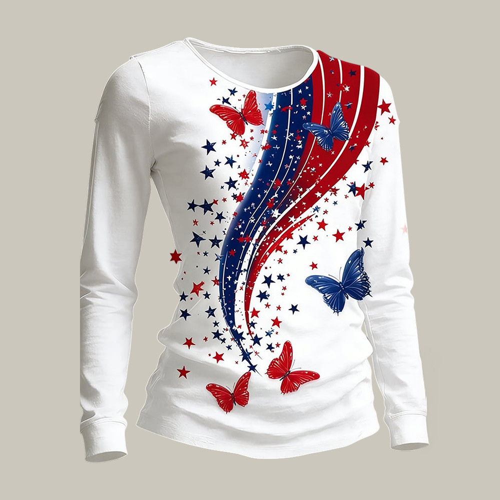 Retro Patriotic American Flag Butterfly Long Sleeve Shirt 4th Of July Attire Unique Gift For Sister