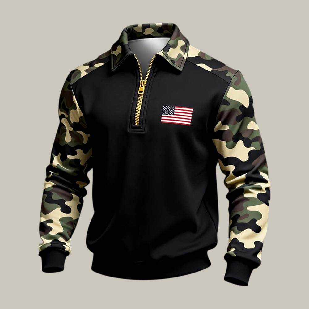 Retro Patriotic American Flag Camo Quarter Zip Sweatshirt July 4 Outfits Gift For Husband
