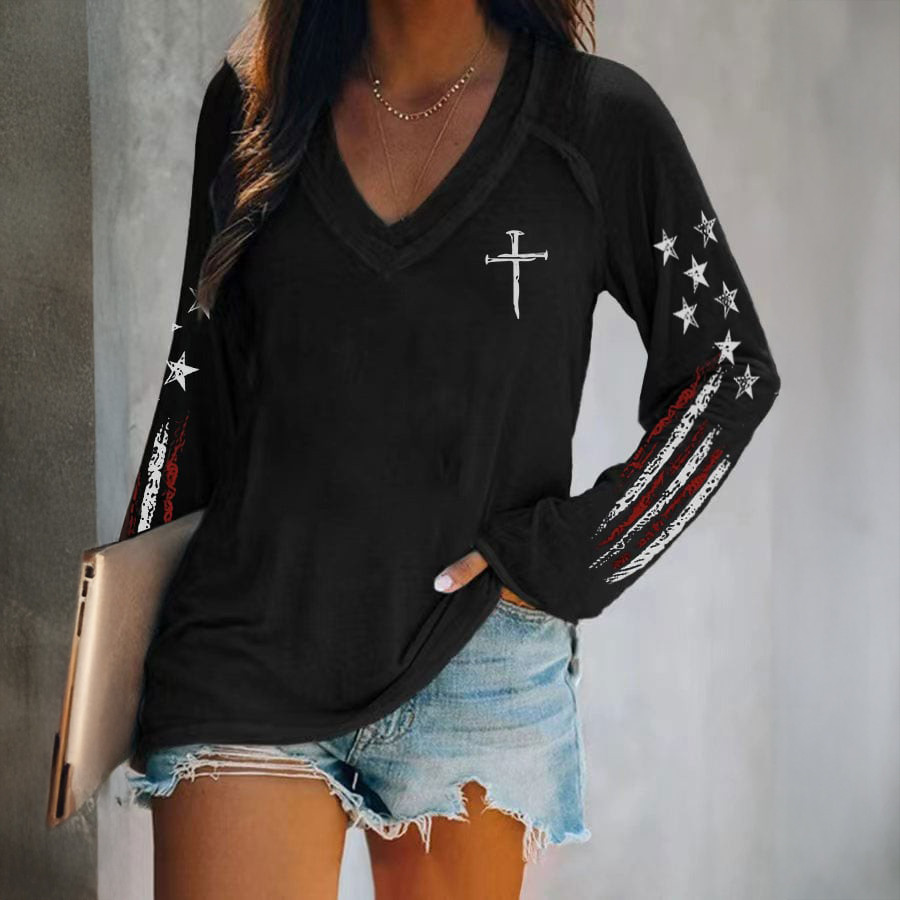 Retro Patriotic American Flag Faith V-Neck Long Sleeve Shirt Best 4th Of July Clothing