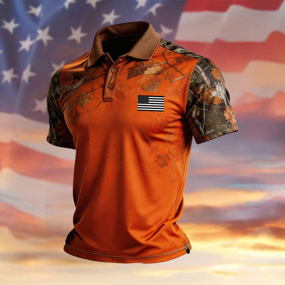 Retro Patriotic Autumn Graphic Polo Shirt American Flag Independence Day 2026 Clothing Line
