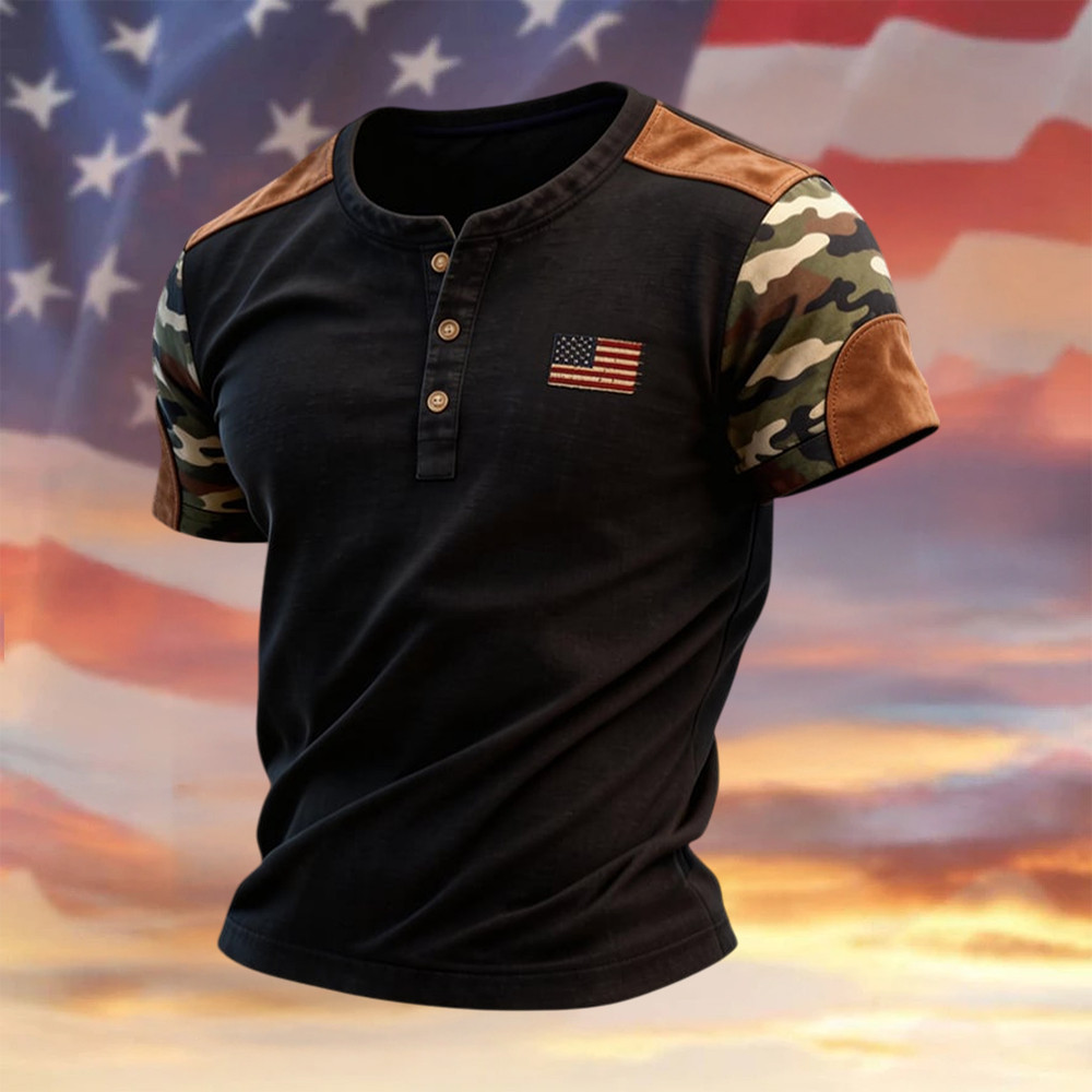 Retro Patriotic Camouflage American Flag Graphic Button Shirt America's 250th Birthday Clothes