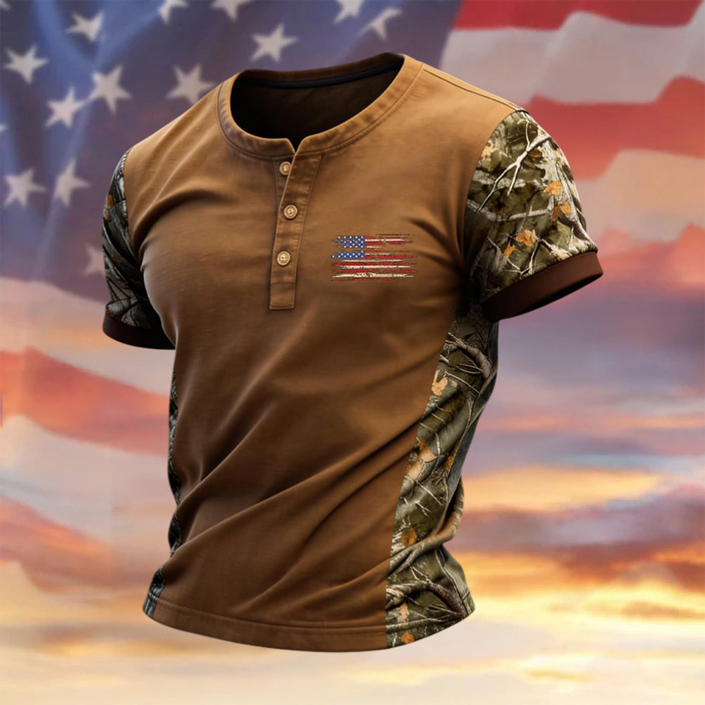 Retro Patriotic Camouflage Patchwork Button Shirt American 250 Years Birthday Clothes