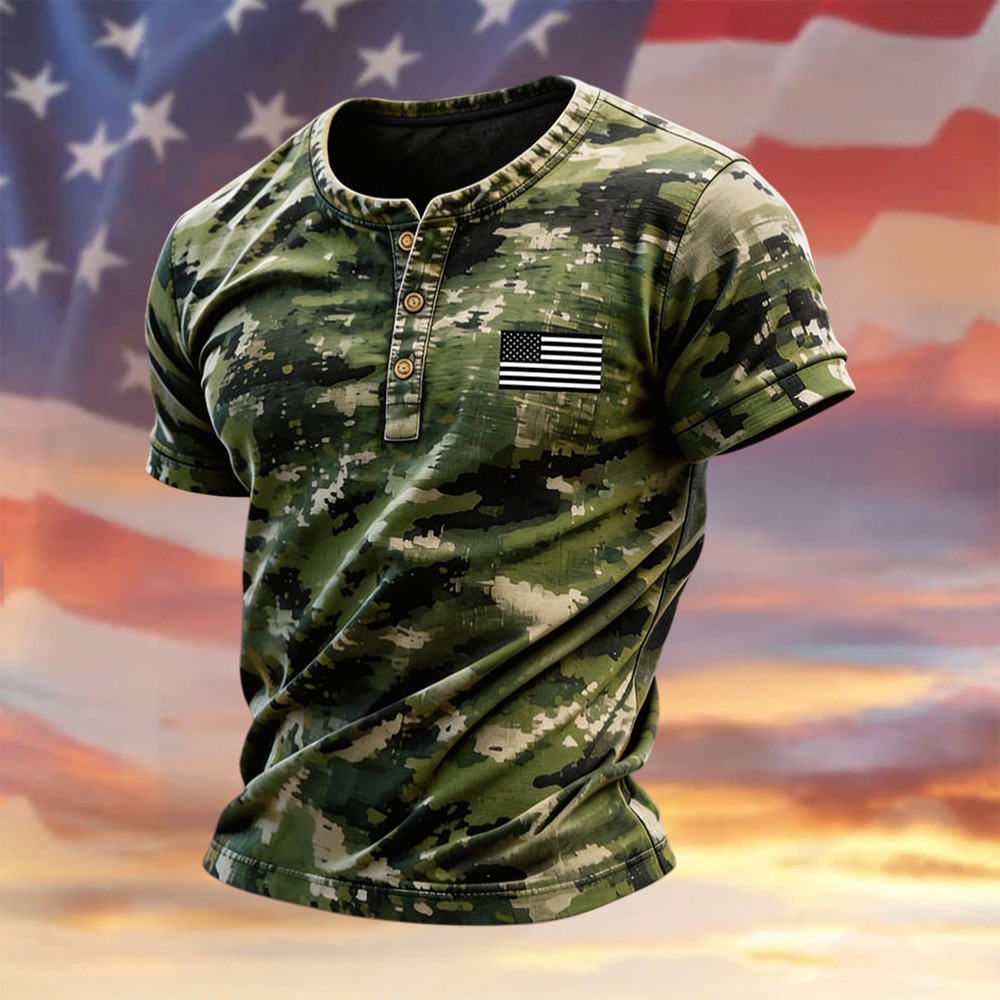 Retro Patriotic Camouflage Patchwork Button Shirt Independence Day 2026 Clothes