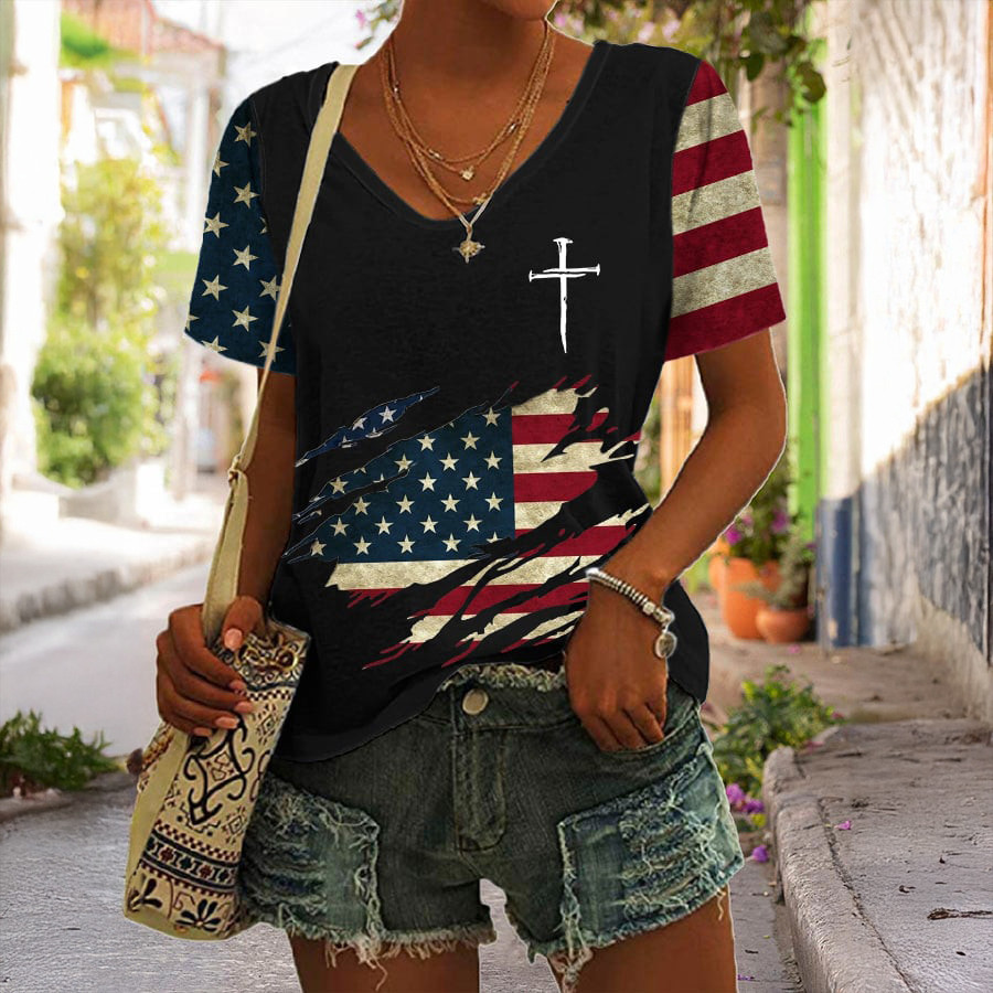 Retro Patriotic Cross And Flag v-Neck Shirt Independence Day Clothes July 4 Gift