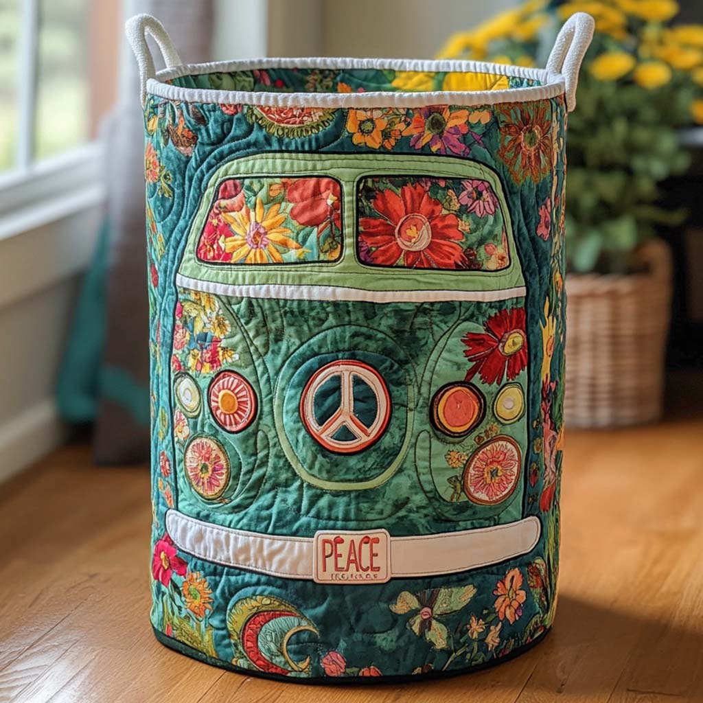 Retro Peace Bus Quilted Laundry Basket Foldable Laundry Hamper with Quilted Fabric Design