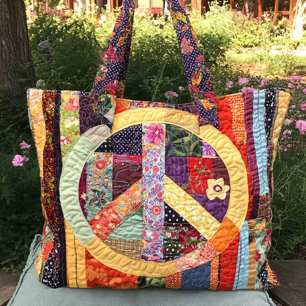 Retro Peace Patch Quilted Tote Bag Gifts For Aging Hippies