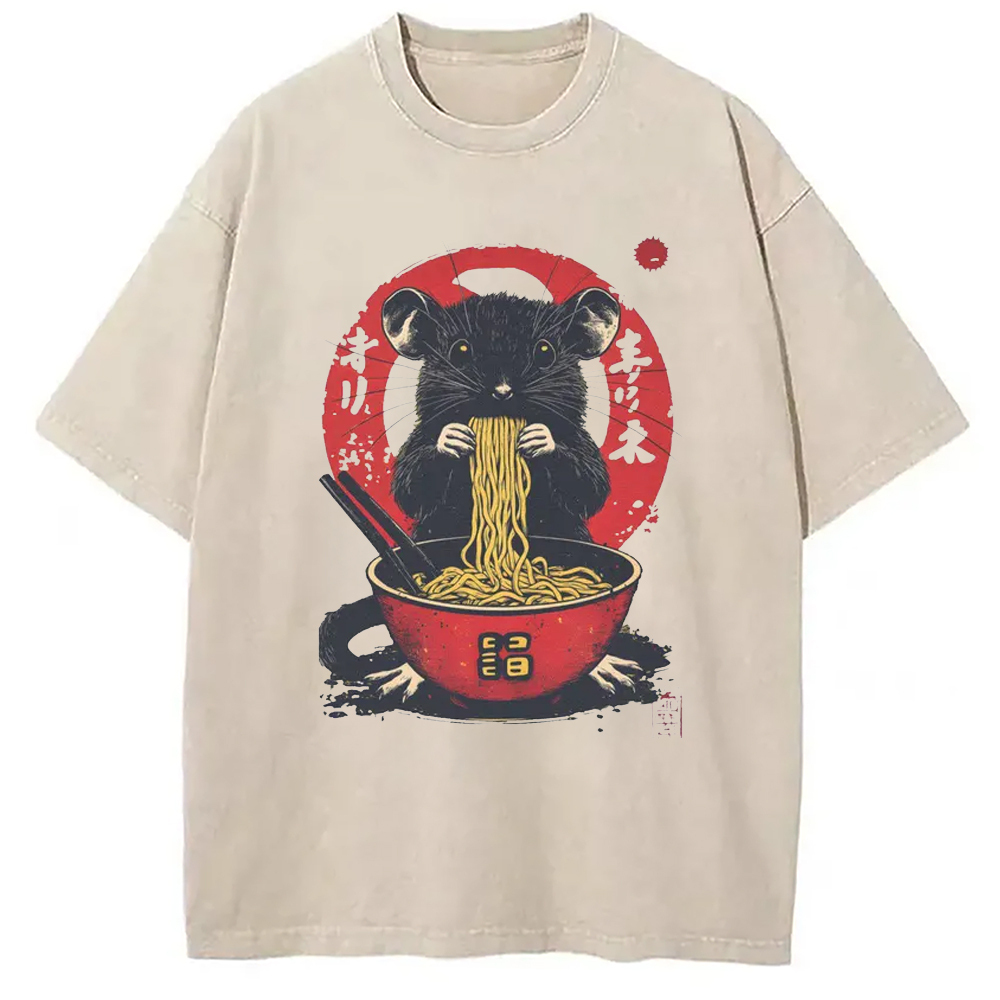 Retro Rat Ramen Washed T-Shirt Classic Graphic Fashion Tee Gifts For Best Friend