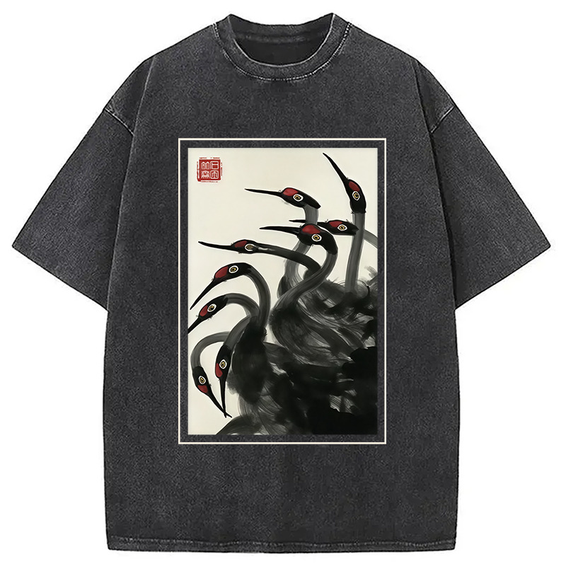 Retro Red Crowned Crane Washed T-Shirt Retro Humor Graphic Top Gifts For Best Friend