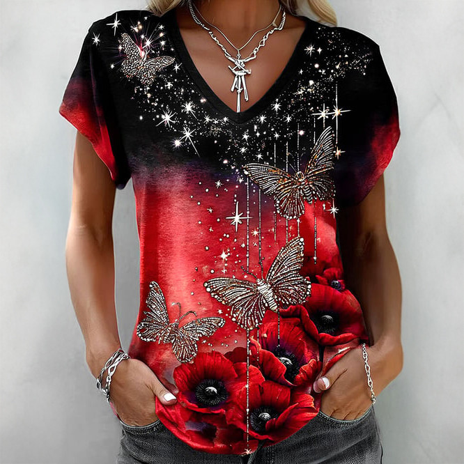 Retro Red Friday Butterfly Floral V-Neck Shirt Remember Everyone Deployed Shirt Red Friday Gift Idea