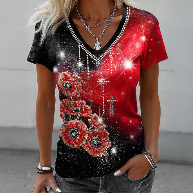 Retro Red Friday Commemorative Floral V-Neck Shirt Remember Everyone Deployed Clothes