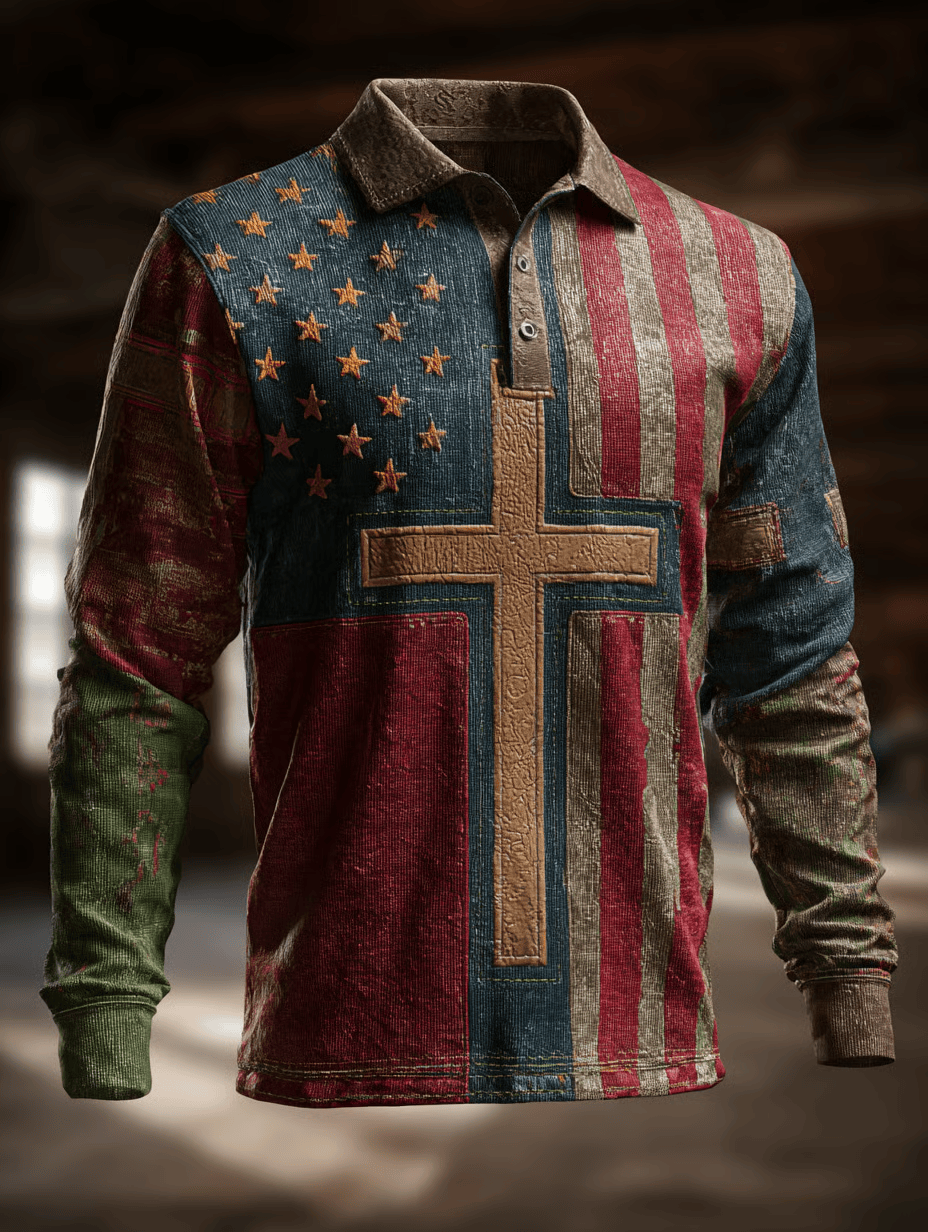 Retro Religious Cross American Flag Long Sleeve Polo Shirt US Flag Merch Gift Ideas For Him