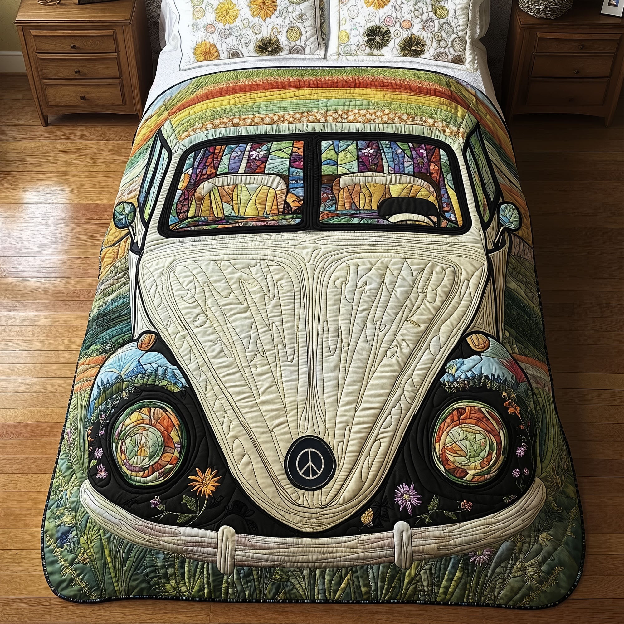 Retro Ride Life Quilted Bedding Set Bed Decorations Gifts For Your Hippie Friend