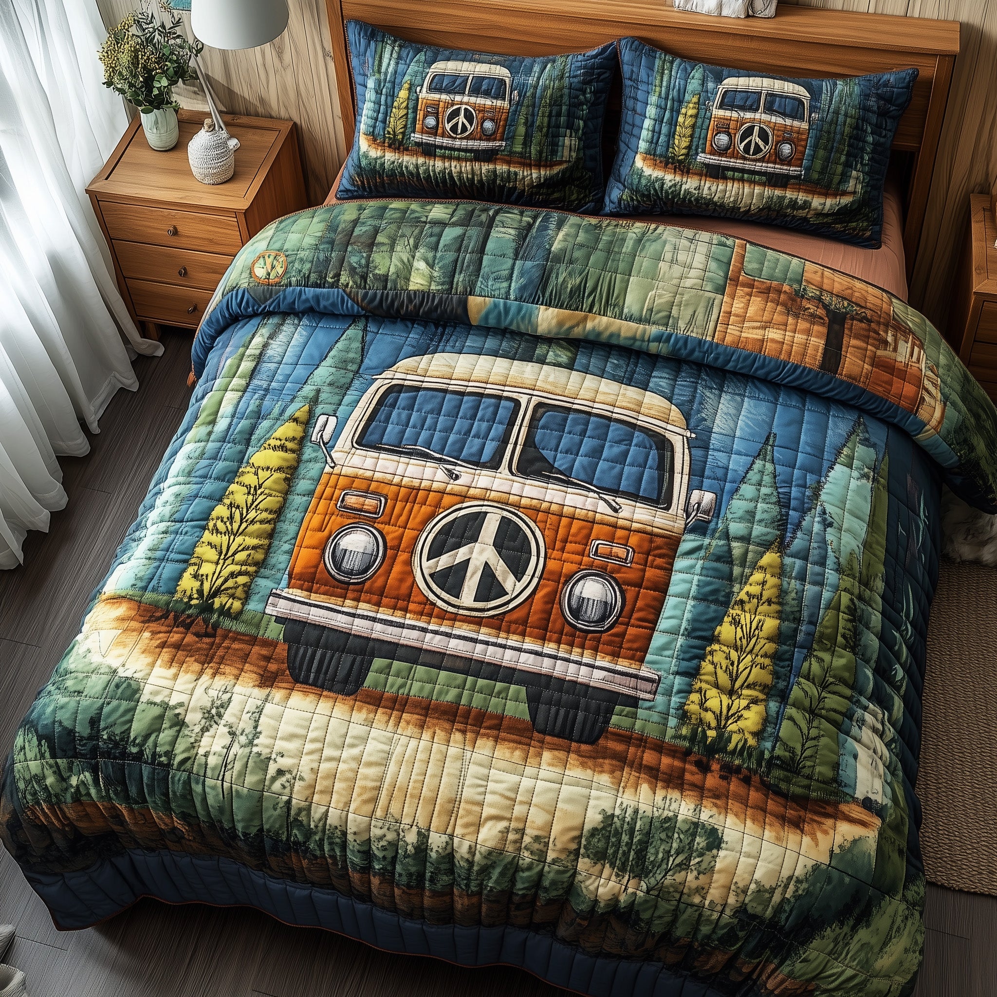 Retro Ride Quilted Bedding Set Duvet Cover Merchandise Gift For Camper Owners