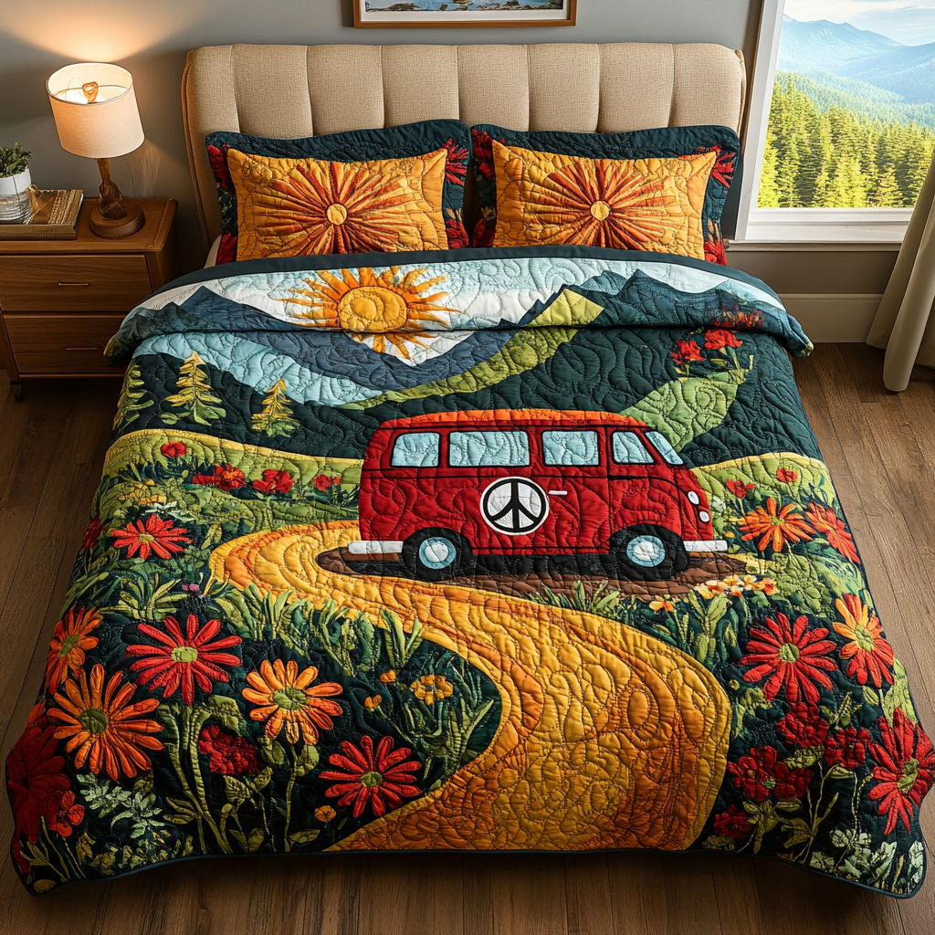 Retro Roadtrip Quilted Bedding Set Bedroom Decor Unique Gifts For Hippies