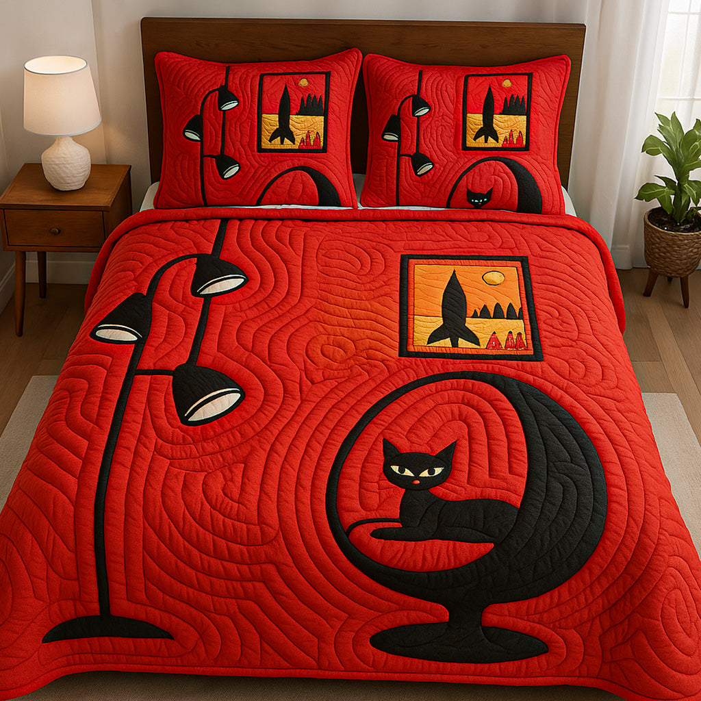 Retro Rocket Cat Quilted Bedding Set Holiday Duvet Cover Set Christmas Presents For Cat Lovers
