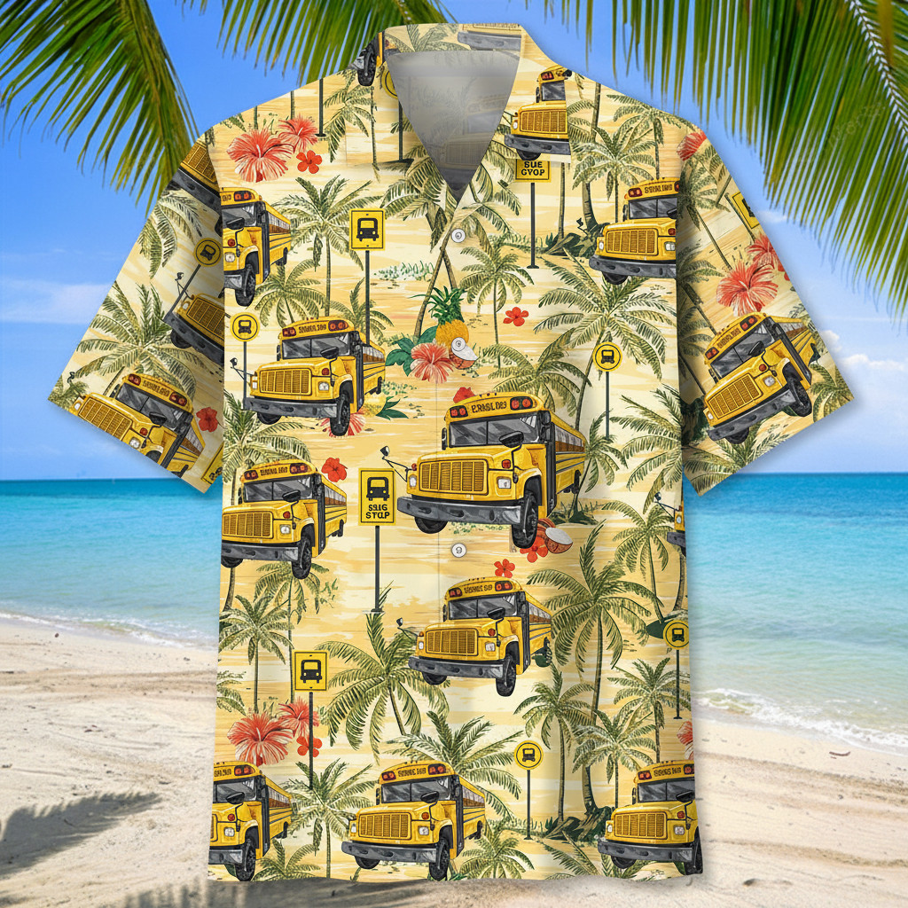 Retro School Bus All Over Hawaiian Shirt Tropical Beach Summer Apparel Gift Ideas
