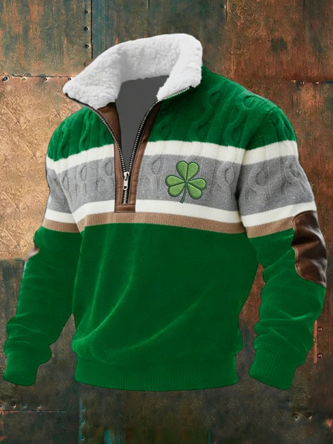 Retro St Patrick Jacquard Stand Up Collar Sweater St Patricks Outfit Gifts For Father