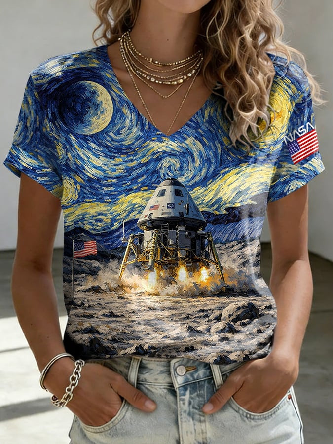Retro Starry Night Artemis II V-Neck Shirt NASA Moon Mission 2026 Clothes Gift For Girlfriend