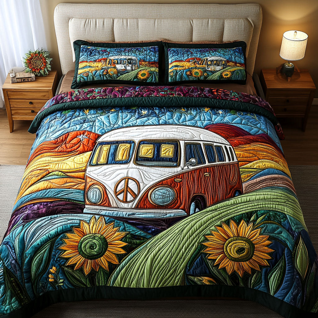 Retro Sun Chaser Quilted Bedding Set Bed Decorations Best Gifts For Hippie Mom