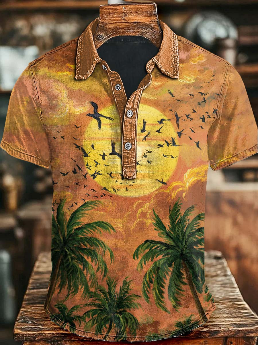 Retro Sunset Print Casual Short Sleeve Polo Shirt Gift For Halloween Witchy
