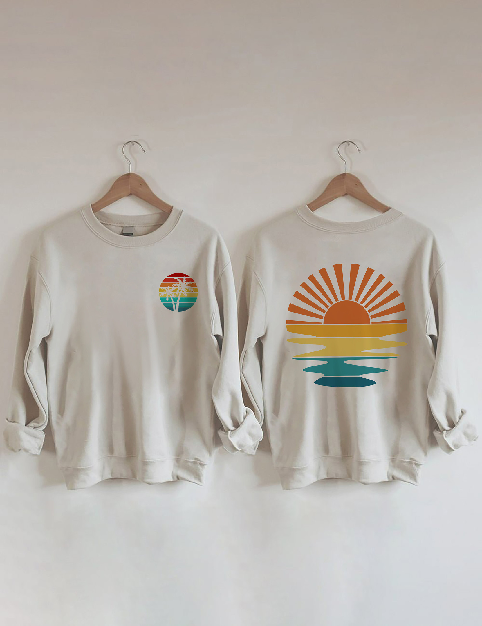 Retro Sunset Rays Wavy Sweatshirt Boho Style Beach Vibe Sweatshirt Cool Presents
