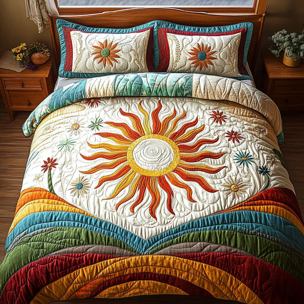 Retro Sunshine Vibes Quilted Bedding Set Cute Bedroom Decor Hippie Presents
