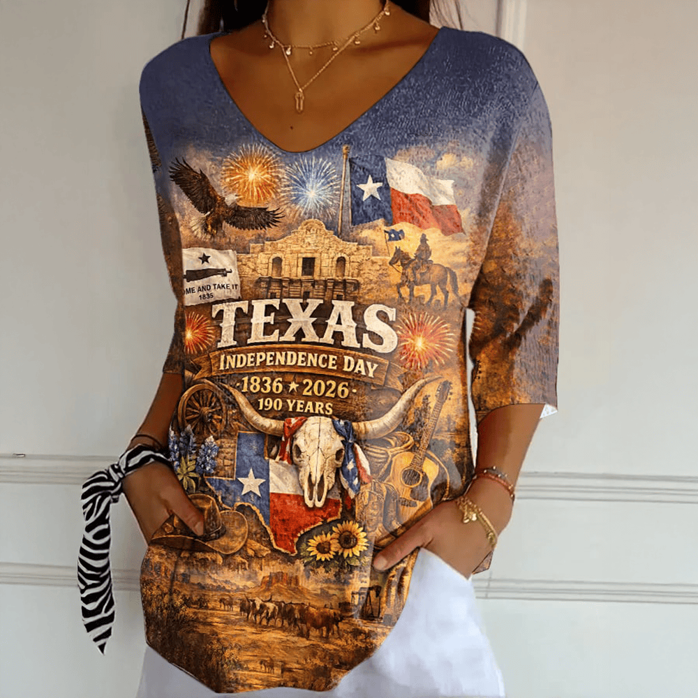 Retro Texas Independence Day 1836 2026 V-Neck Long Sleeve Shirt Patriotic Texas Apparel Gift