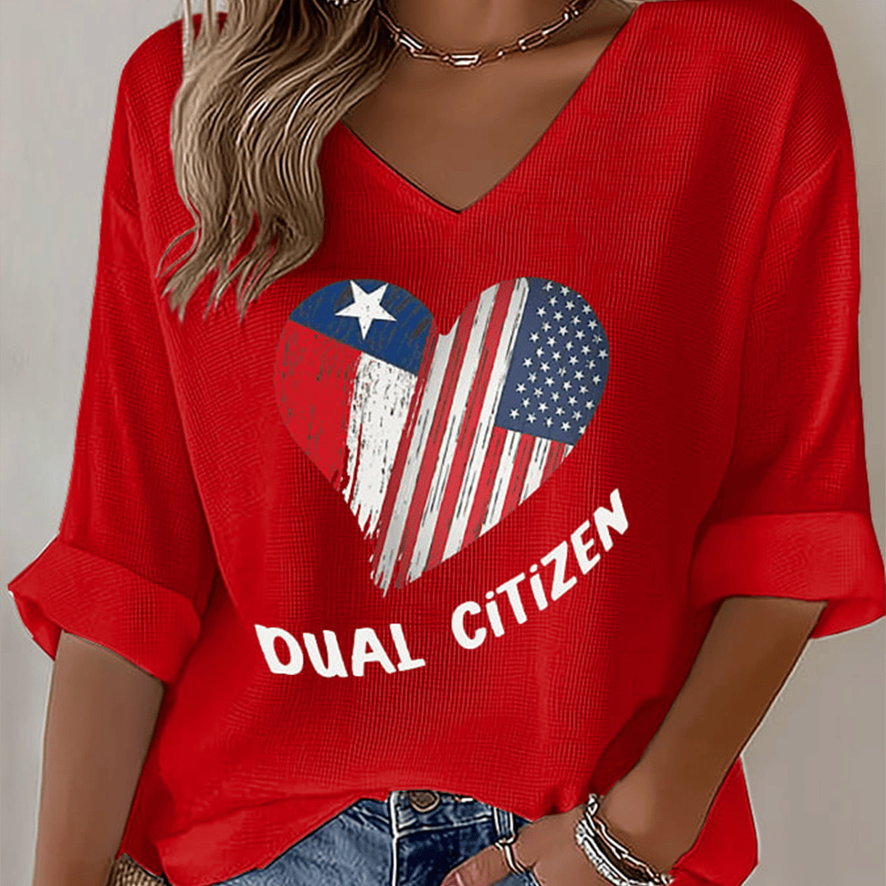 Retro Texas Pride Dual Citizen V-Neck Long Sleeve Shirt Texas Hisroty Apaprel Patriotic Gift For Her