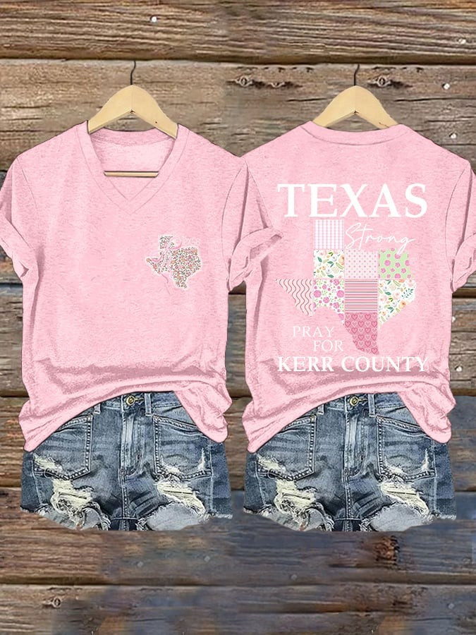 Retro Texas Strong Pray For Kerr County Pink V-Neck T-Shirt Gift For Women Texans